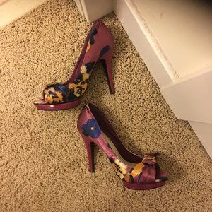 Newport News Platform Peep-toe Pumps Heels Canvas Leather Wine Multi 7.5